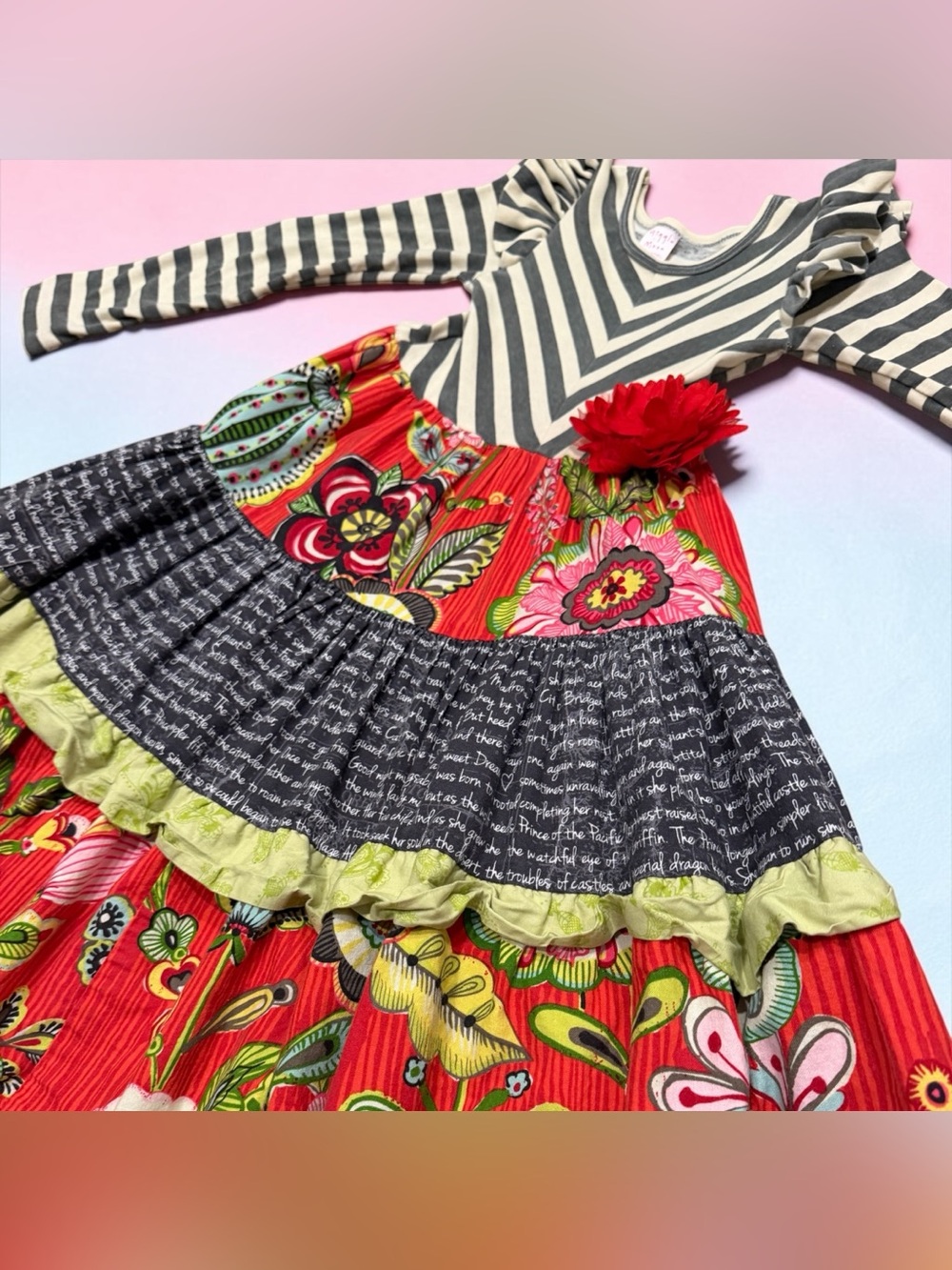 Giggle Moon Red Multi-Print Tiered Dress with Black Stripe Bodice